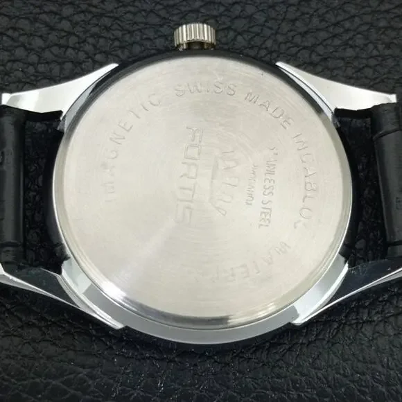 Vintage 1975 Fortis Manual Mens Silver Watch W/Leather Strap & Green accents - Picture 8 of 9